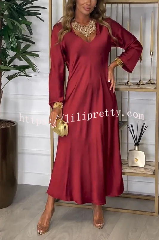 Solid Color V-neck Long-sleeved Loose Draped Maxi Dress Fashionable High-Waist Maxi Dress Solid Color V-neck Long-sleeved Loose Draped Maxi Dress Fashionable High-Waist Maxi Dress