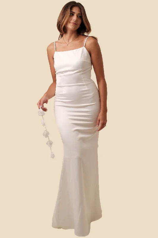 Sophia White Satin Floral Drape Maxi Dress Stylish Off-Shoulder Maxi Dress