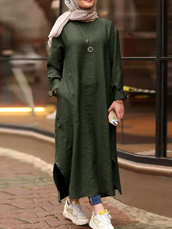 Women Solid Color O-neck Long Sleeves Splited Robe Kaftan Casual Maxi Dress With Pocket Classic V-Neck Maxi Dress Women Solid Color O-neck Long Sleeves Splited Robe Kaftan Casual Maxi Dress With Pocket Classic V-Neck Maxi Dress
