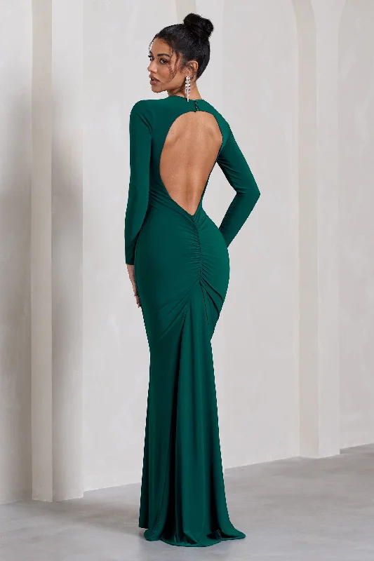 Starring | Bottle Green Long-Sleeve Backless Fishtail Maxi Dress Stylish Maxi Dress with Frills Starring | Bottle Green Long-Sleeve Backless Fishtail Maxi Dress Stylish Maxi Dress with Frills