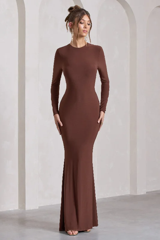 Starring | Chocolate Brown Long-Sleeve Backless Fishtail Maxi Dress Elegant Maxi Dress with Pockets Starring | Chocolate Brown Long-Sleeve Backless Fishtail Maxi Dress Elegant Maxi Dress with Pockets