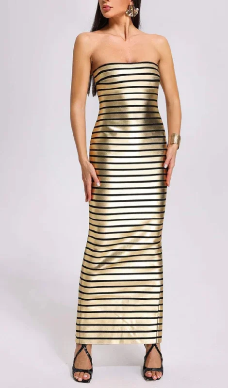 STRAPLESS METALLIC STRIPE MAXI DRESS Stylish Pleated A-Line Maxi Dress