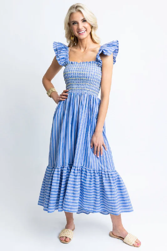 Stripe Smock Ruffle Maxi Dress Comfortable Pleated Maxi Dress