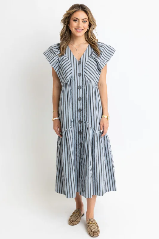 Stripe Vneck Button Maxi Dress Elegant Silk Maxi Dress
