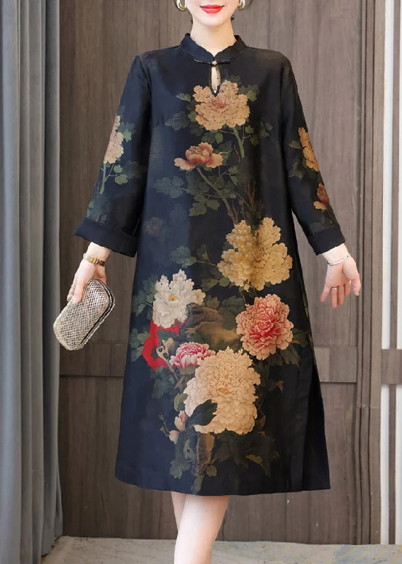 Style Stand Collar Button Side Open Maxi Dresses Long Sleeve Cozy Open-Back Maxi Dress