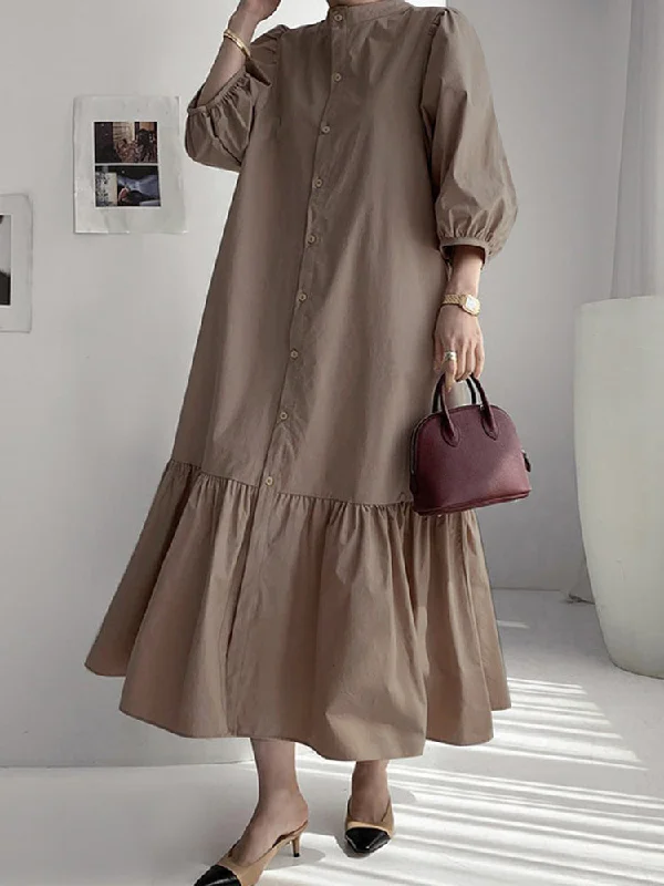 Women Solid Color Button Down Front 3/4 Sleeve Maxi Dresses Elegant Maxi Dress with Drapes Women Solid Color Button Down Front 3/4 Sleeve Maxi Dresses Elegant Maxi Dress with Drapes