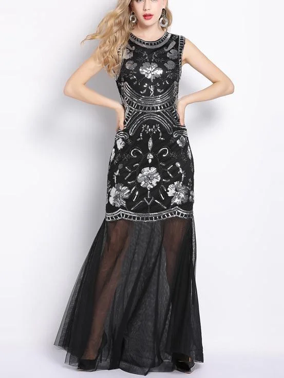 Summer New High-End Luxury Ladies Sleeveless Sequins Beaded Maxi Dress Trendy Floral Print Maxi Dress