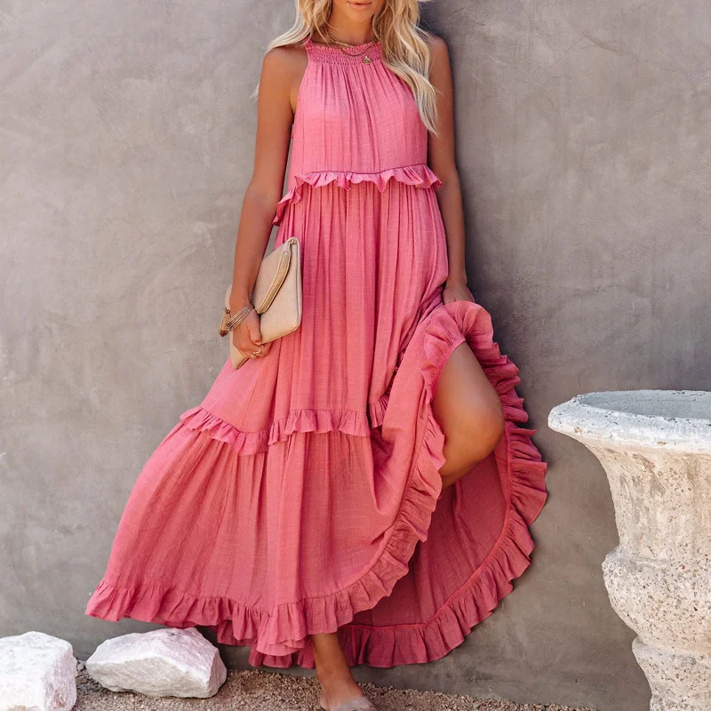 Summer Solid Color Ruffled Maxi Dress Layered Boho Floor Length Dress Irregular Sleeveless Holiday Vestidos Femme Halter Dress Fashionable High-Waist Maxi Dress Summer Solid Color Ruffled Maxi Dress Layered Boho Floor Length Dress Irregular Sleeveless Holiday Vestidos Femme Halter Dress Fashionable High-Waist Maxi Dress