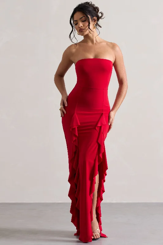 Susan | Red Bandeau Maxi Dress With Ruffled Splits Elegant Wraparound Maxi Dress