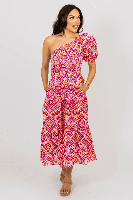 Tribal Smock One Shoulder Maxi Dress Casual Maxi Dress with Pockets