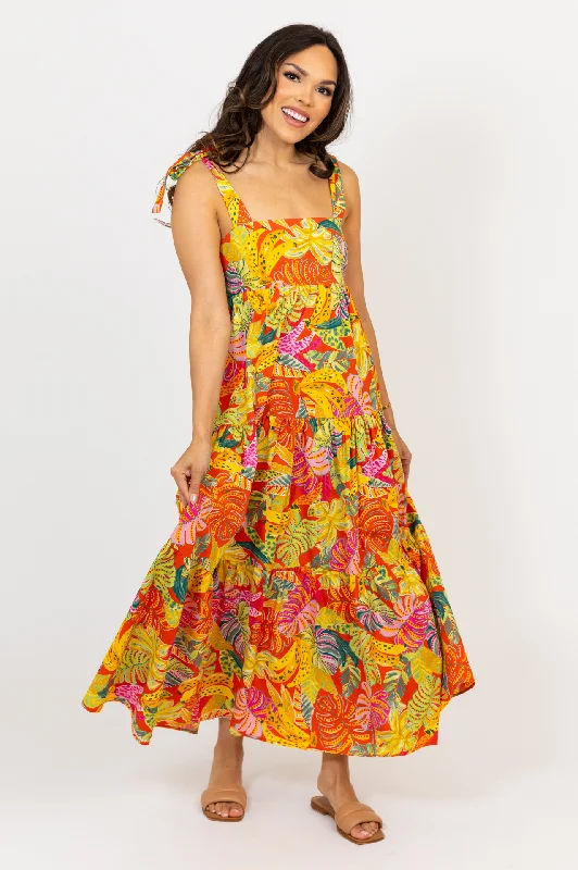Tropical Palm Banana Maxi Dress Stylish Pleated A-Line Maxi Dress