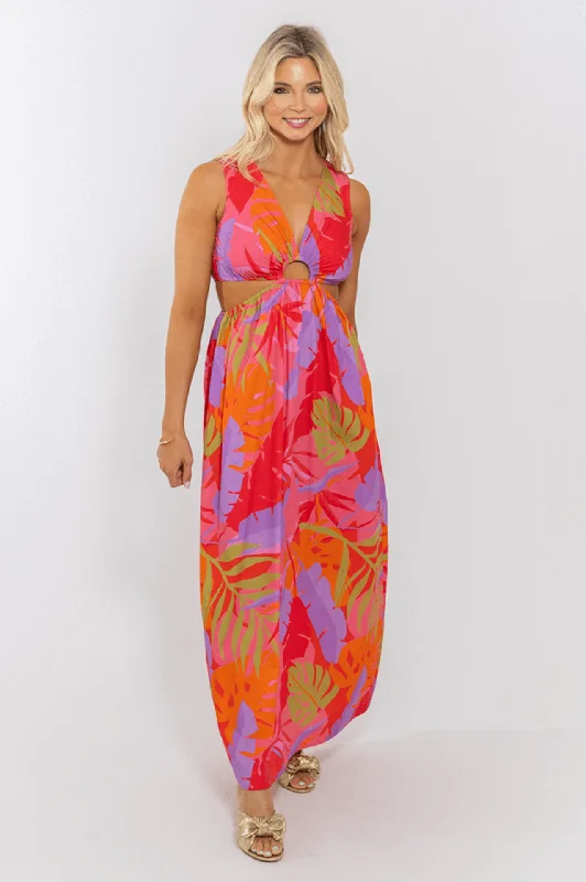 Tropical Vneck Cut-Out Maxi Dress Comfortable Plunging Neckline Maxi Dress