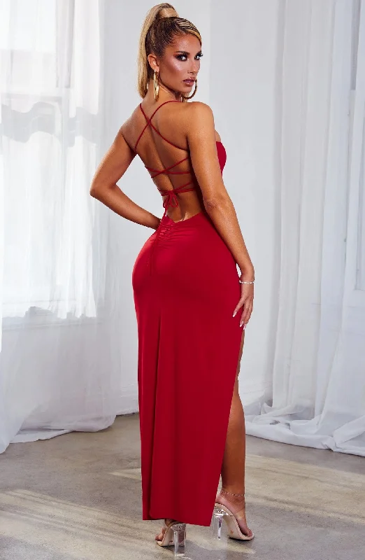 Victoria Maxi Dress with elegant slit front Trendy Maxi Dress with Belt