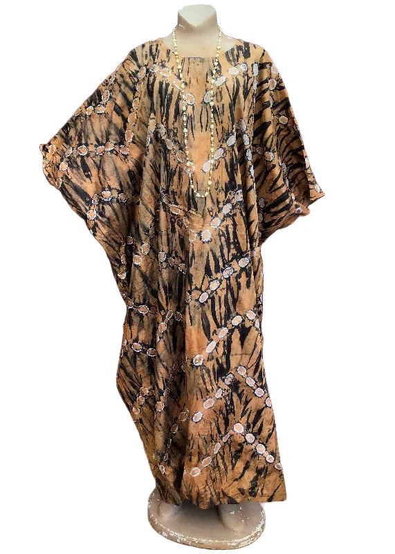 Vintage African Batik Print Brown Kaftan Maxi Dress Elegant Maxi Dress with Slit