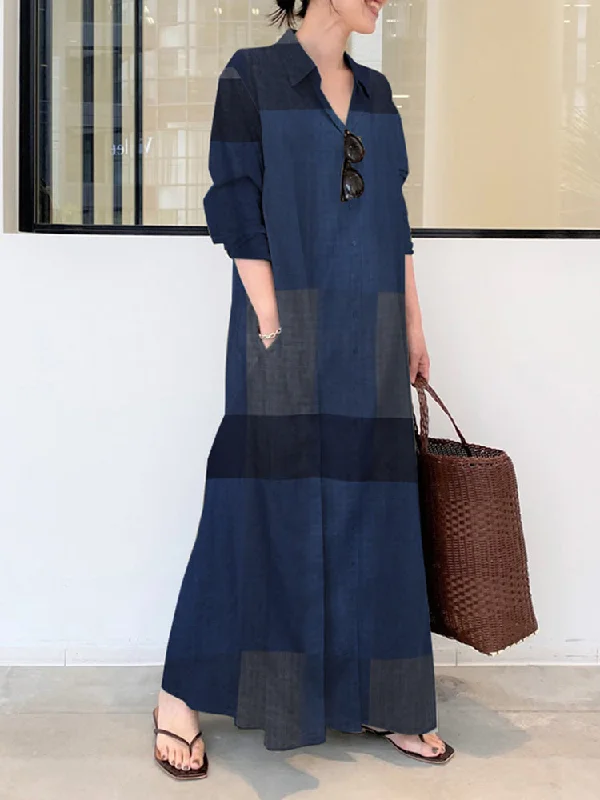 Women Casual Plaid Lapel Long Sleeve Button Vintage Shirt Maxi Dresses With Pocket Chic Off-Shoulder Maxi Dress Women Casual Plaid Lapel Long Sleeve Button Vintage Shirt Maxi Dresses With Pocket Chic Off-Shoulder Maxi Dress