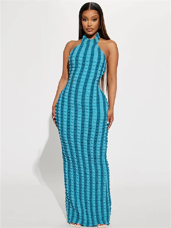Striped Print Patchwork Sexy Bodycon Maxi Dress Halter Sleeveless Backless Summer Women Vacation Nightclub Y2K Clothes Elegant Tiered Maxi Dress