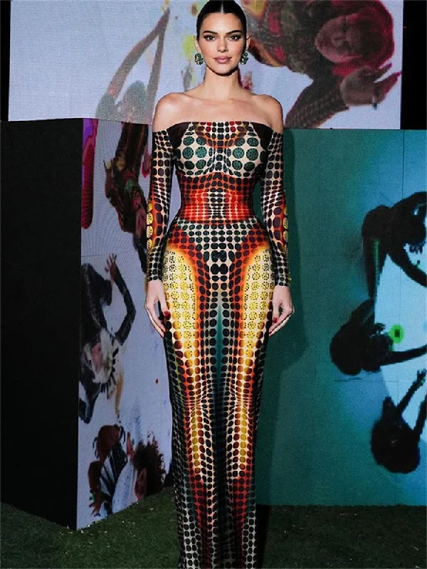 Tie Dye Dot Print Long Sleeve Maxi Dresses For Women Club Party Streetwear Outfits Sexy Backless Bodycon Y2K Clothes Trendy Maxi Dress with Straps
