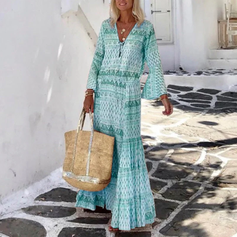 Women Vintage Geometric Print Long Party Dress Elegant Flare Sleeve Long Beach Dress Sexy Spring Summer V Neck Maxi Dresses Trendy Maxi Dress with Straps Women Vintage Geometric Print Long Party Dress Elegant Flare Sleeve Long Beach Dress Sexy Spring Summer V Neck Maxi Dresses Trendy Maxi Dress with Straps