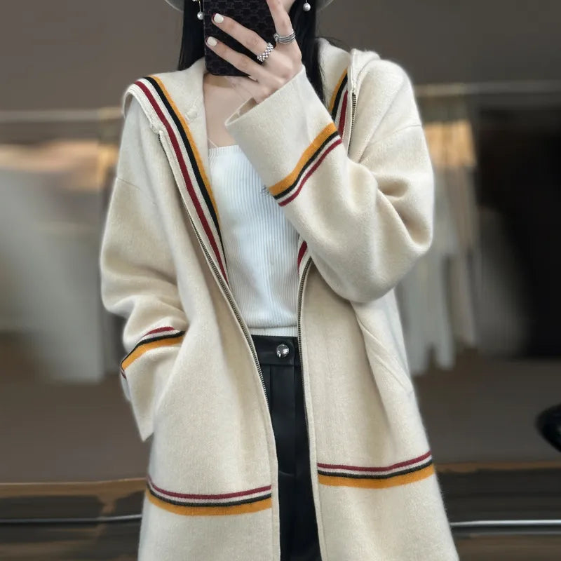 Getadme-100% Merino Wool Cardigan Women's Hooded Collar Cashmere Coat Casual Knitted Thickened Jacket Fashion Korean Autumn/Winter Top Fleece Jacket Down Jacket Parka