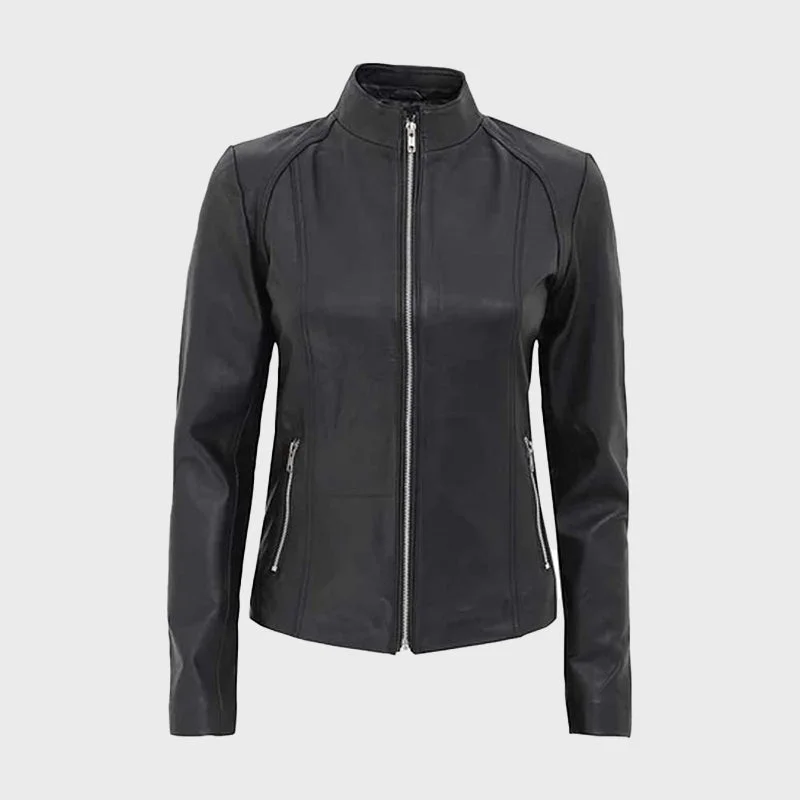 Women's Black Cafe Racer Leather Jacket Wool Fabric Cashmere Fabric Tweed Fabric