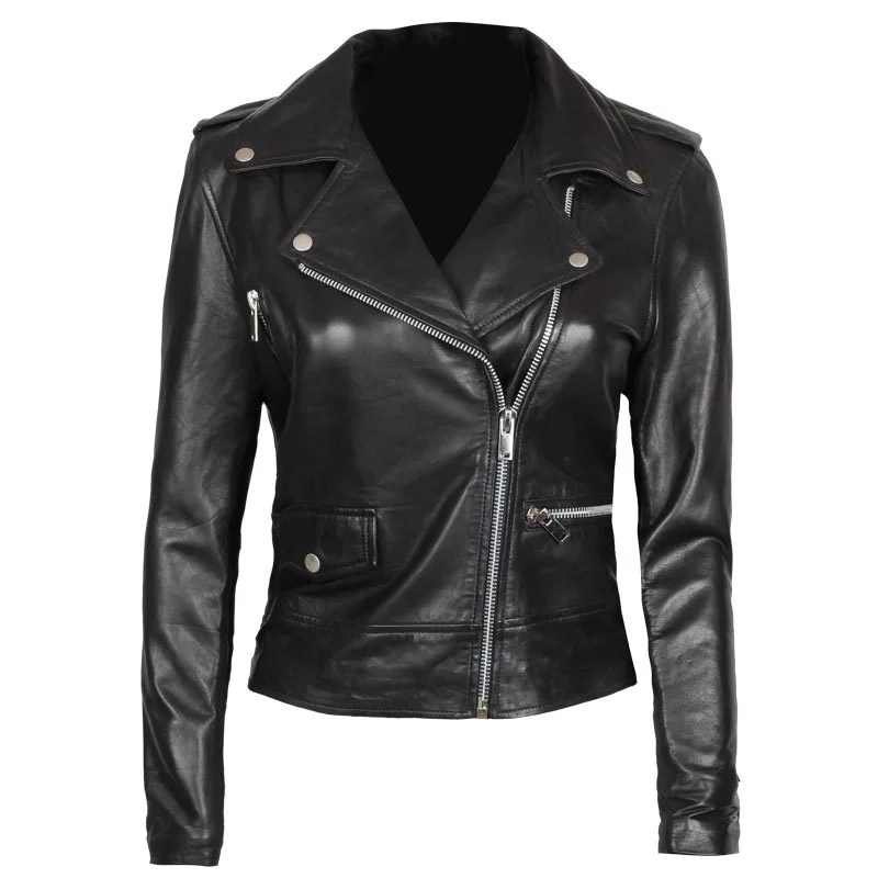 Women's Asymmetrical Black Biker Leather Jacket Tiered Jacket Buttoned Jacket Zippered Jacket