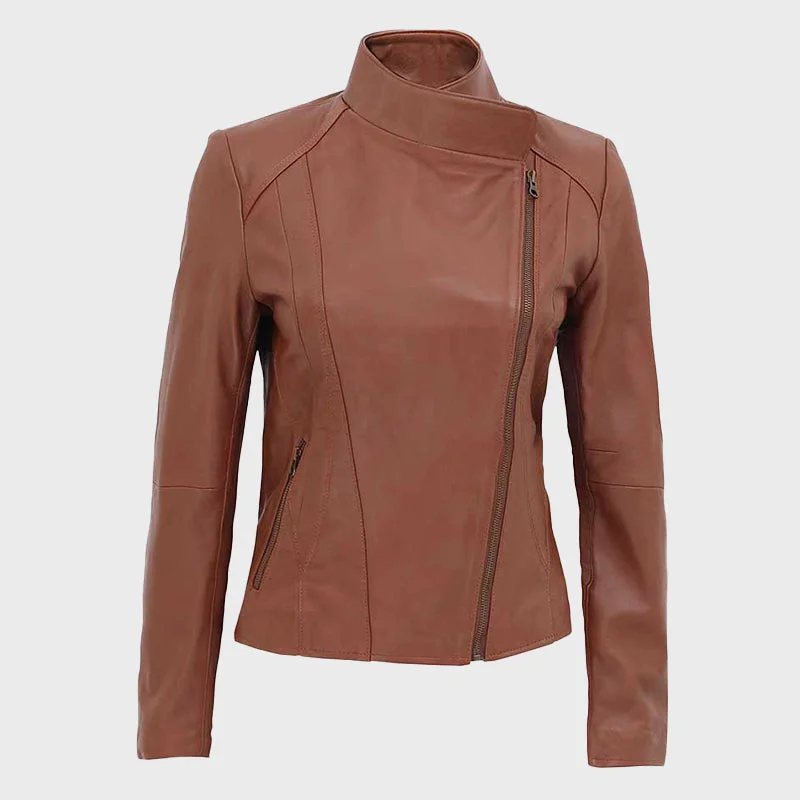 Women Tan Asymmetrical Biker Leather Jacket Hooded Jacket Caped Jacket Shawl Collar Jacket