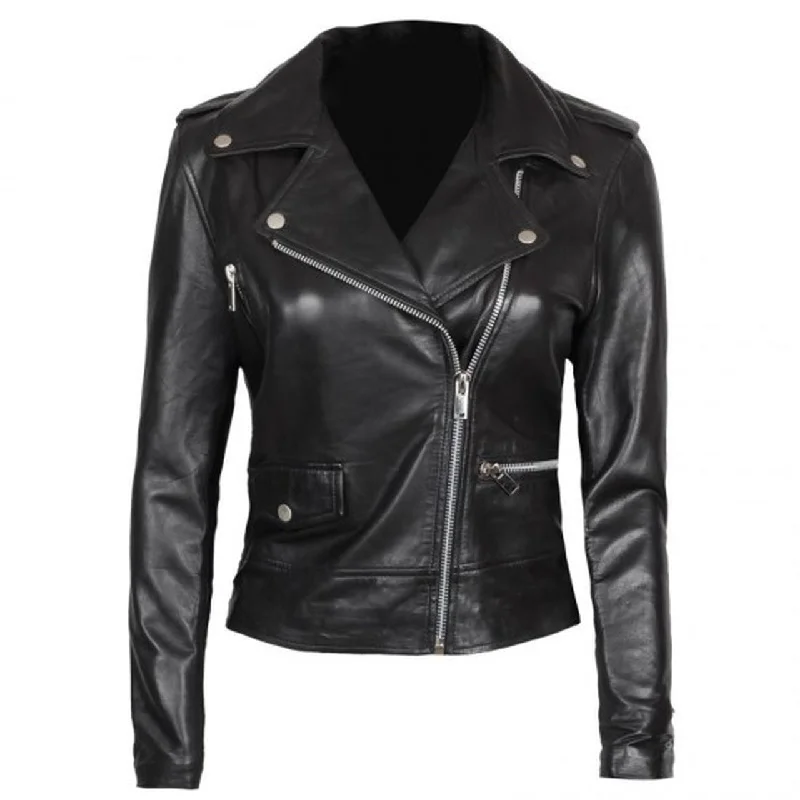 Asymmetrical Black Biker Jacket Women Boat Neck Shawl Collar Notched Collar
