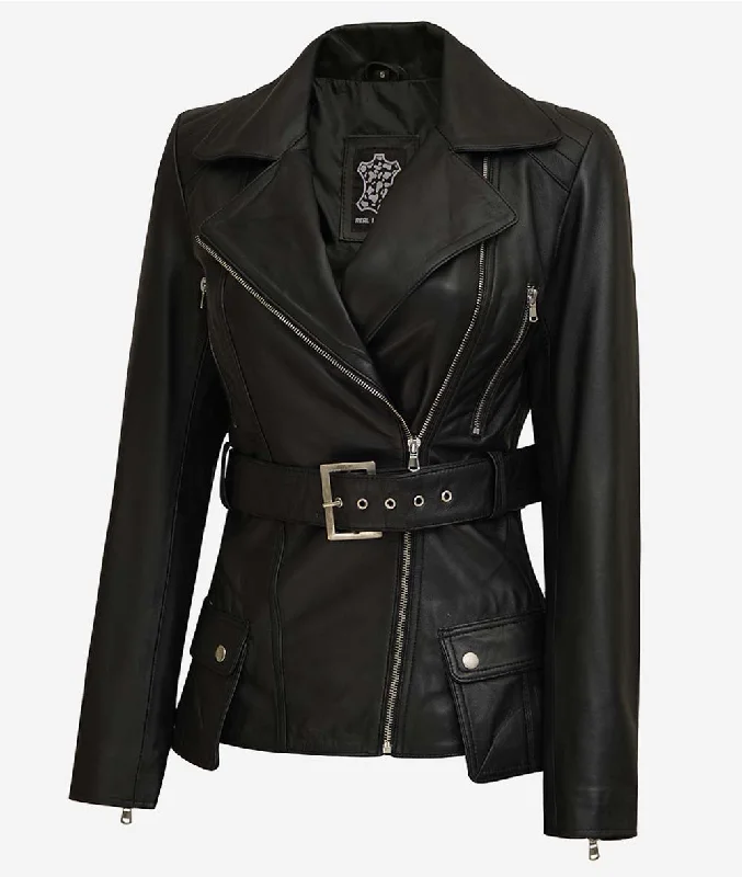 Asymmetrical Black Four Pocket Belted Moto Jacket Rayon Fabric Velvet Fabric Corduroy Fabric
