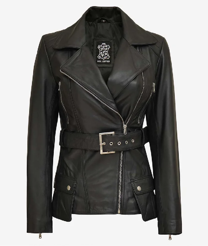 Asymmetrical Black Four Pocket Belted Moto Jacket Knit Jacket Woven Jacket Fleece Jacket