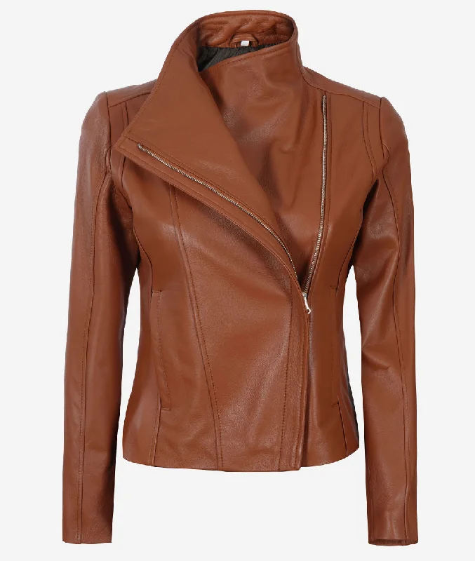 Asymmetrical Cognac Leather Biker Jacket Women Fleece Jacket Down Jacket Feather Jacket