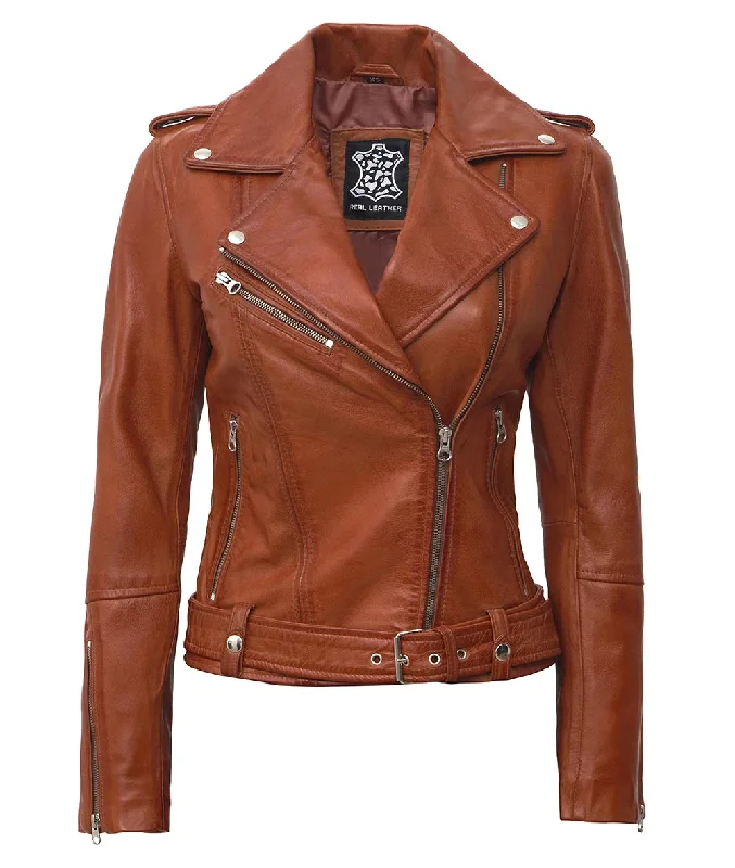 Asymmetrical Leather Biker Jacket Women  Brown Leather Notch Collar Jacket Peter Pan Collar Jacket Cowl Neck Jacket