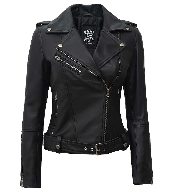 Asymmetrical Leather Biker Jacket Women's Black Leather Wool Fabric Cashmere Fabric Tweed Fabric