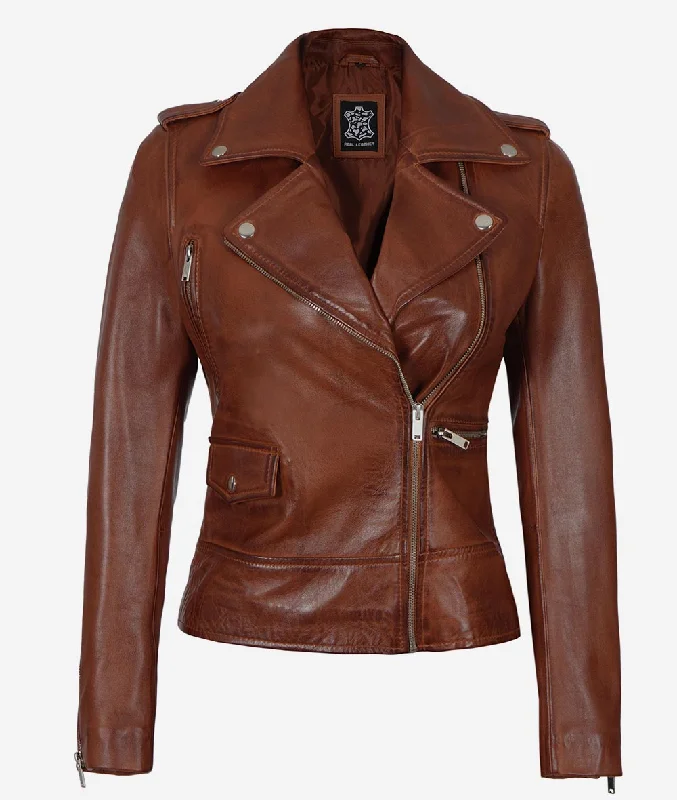 Asymmetrical Leather Moto Jacket  Cognac Biker Jacket Ribbed Jacket Pleated Jacket Ruffled Jacket