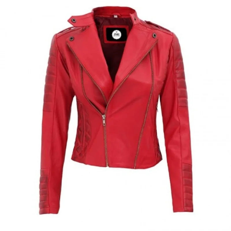 Asymmetrical Women Red Leather Jacket Rayon Jacket Velvet Jacket Corduroy Jacket