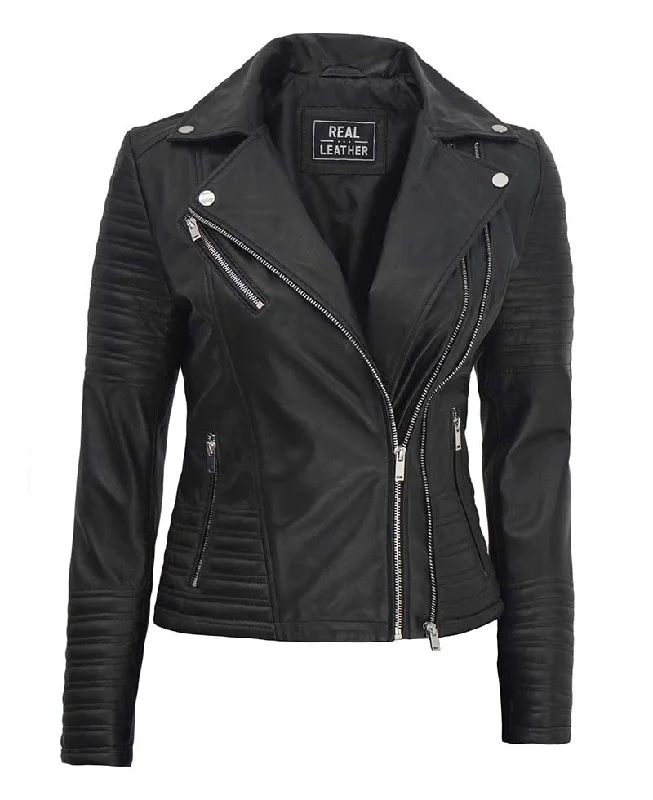 Black Asymmetrical Biker Leather Jacket Women Cotton Fabric Linen Fabric Terry Fabric