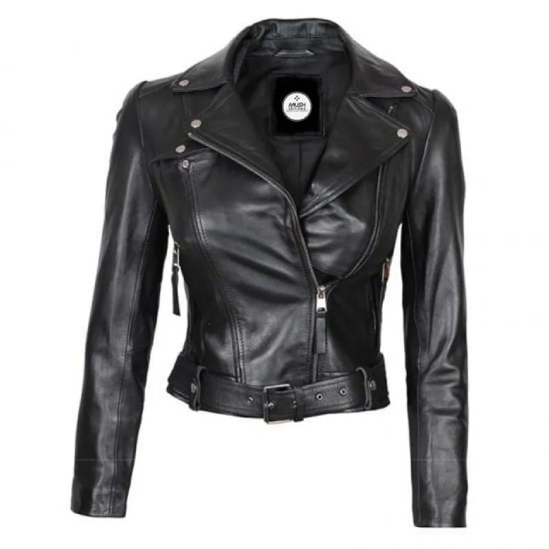 Black Asymmetrical Leather Jacket For Women Faux Fur Fabric Real Fur Fabric Shearling Fabric