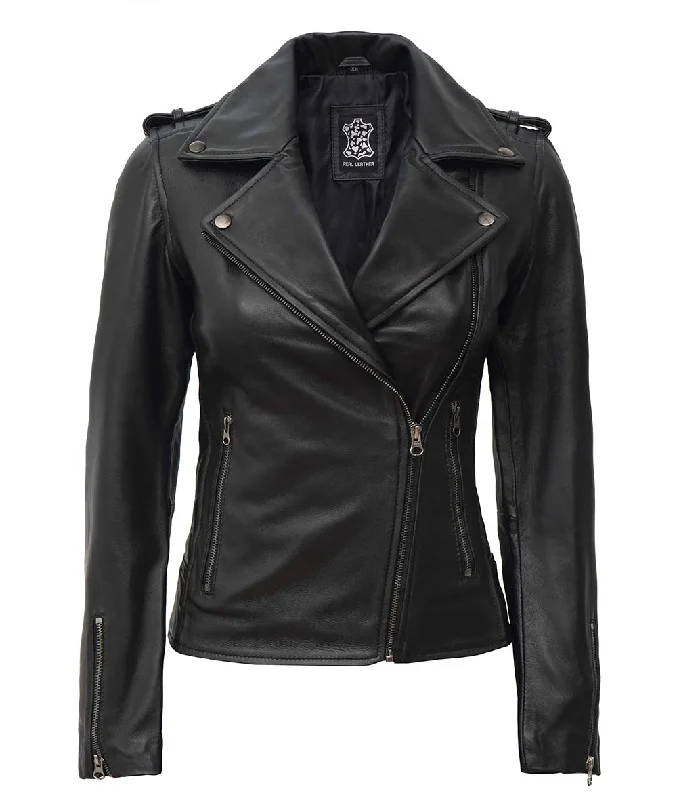 Black Asymmetrical Leather Motorcycle Jacket For Women Striped Jacket Polka Dot Jacket Floral Jacket