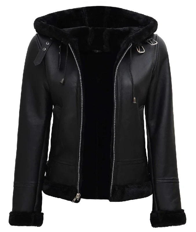 Black Aviator Jacket Womens  Hooded Shearling Leather Jacket Nylon Jacket Polyester Jacket Spandex Jacket