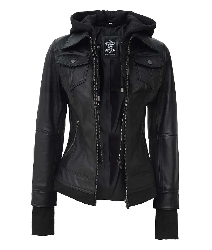 Black Bomber Jacket Womens  Hooded Leather Women Cardigan Sweater Pullover