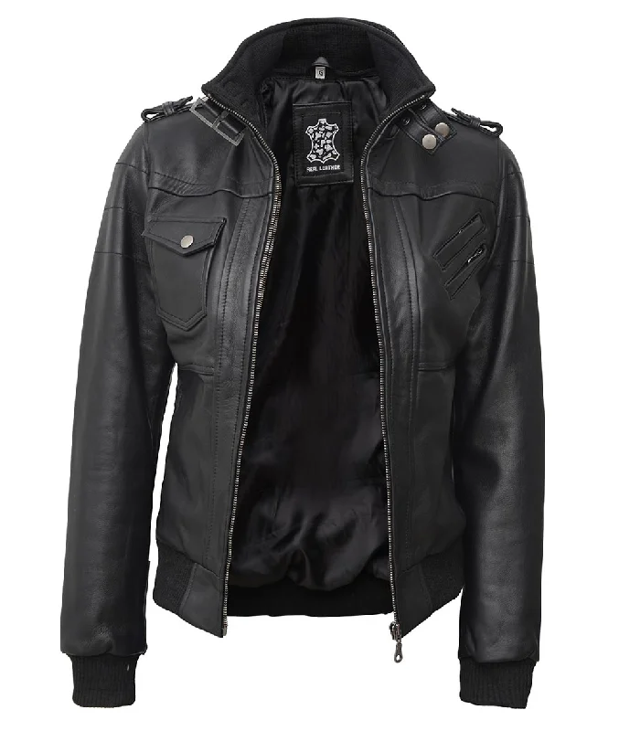 Black Bomber Leather Jacket  Womens Hooded Jacket Satin Jacket Silk Jacket Chiffon Jacket