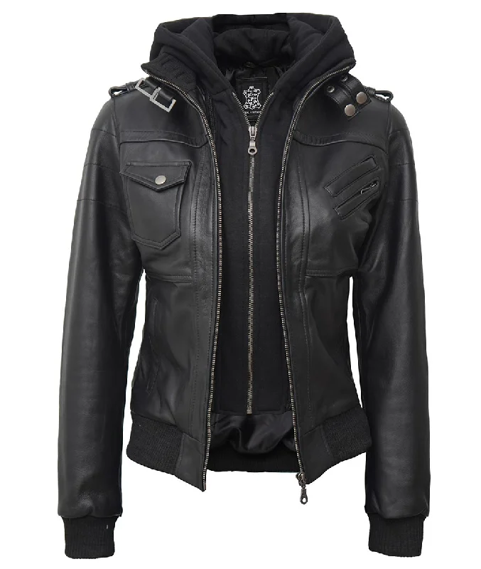 Black Bomber Leather Jacket  Womens Hooded Jacket Knit Fabric Woven Fabric Fleece Fabric