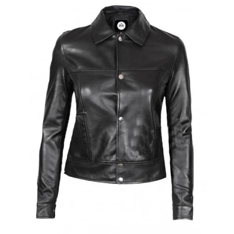 Black Button Up Casual Leather Jacket For Women Front Pockets Side Pockets Patch Pockets