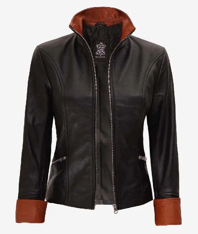 Black Fitted Leather Jacket Womens with Brown Detailing Chenille Jacket Brocade Jacket Lace Jacket