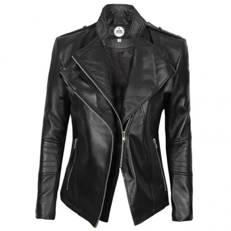 Black Fitted Women Leather Jacket Embroidered Jacket Appliqued Jacket Beaded Jacket