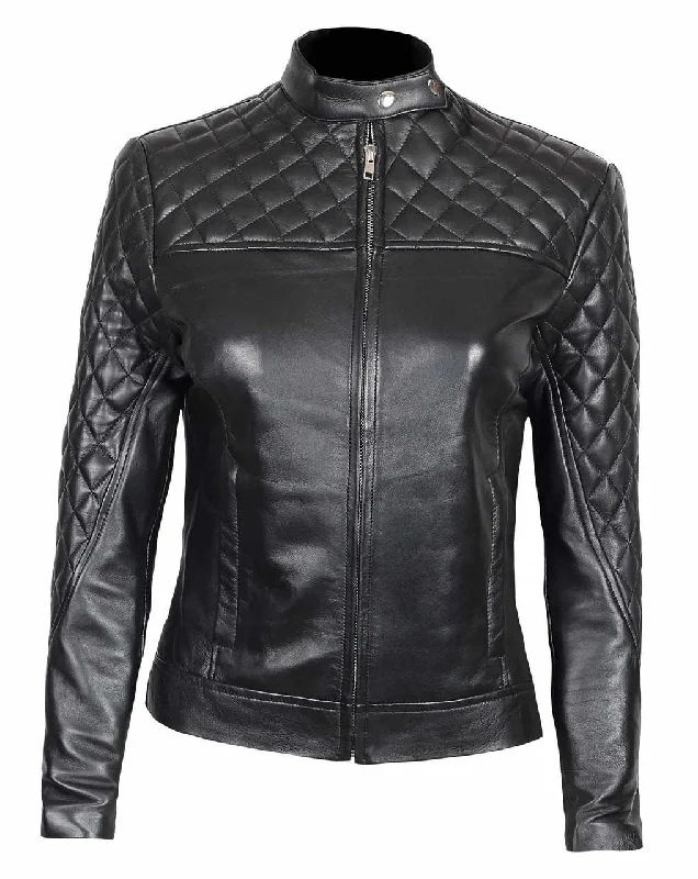 Black Leather Biker Jacket  Quilted Leather Jacket Womens Faux Fur Fabric Real Fur Fabric Shearling Fabric