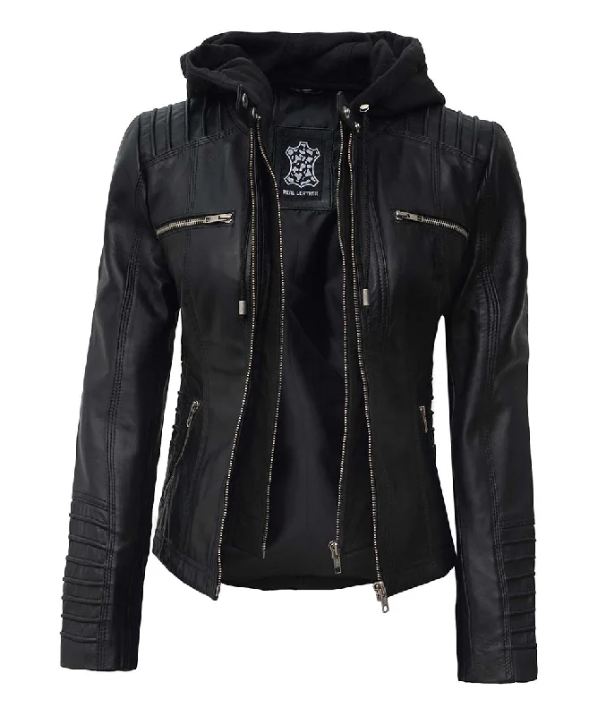 Black Leather Jacket With Hood  Womens Motorcycle Jacket Fleece Fabric Down Fabric Feather Fabric