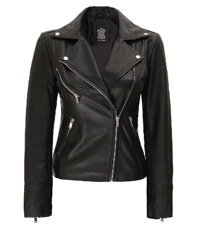 Black Leather Moto Jacket  Womens Asymmetrical Zip Jacket Quilted Jacket Puffer Jacket Insulated Jacket