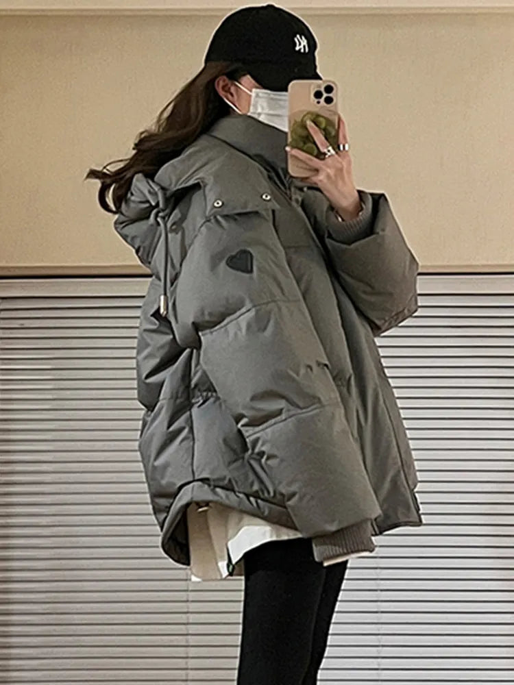 Getadme-Black Loose Puffer Jacket Women Jaqueta Femina Inverno Promoo Winter Hooded Thick Warm Parkas Female Grey Coat Abrigo Mujer Herringbone Jacket Checkered Jacket Solid Jacket