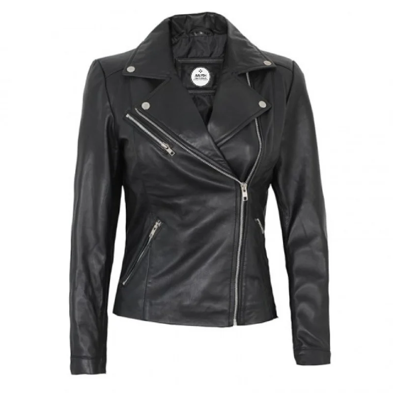 Black Real Asymmetrical Leather Jacket For Women Cotton Jacket Linen Jacket Terry Jacket