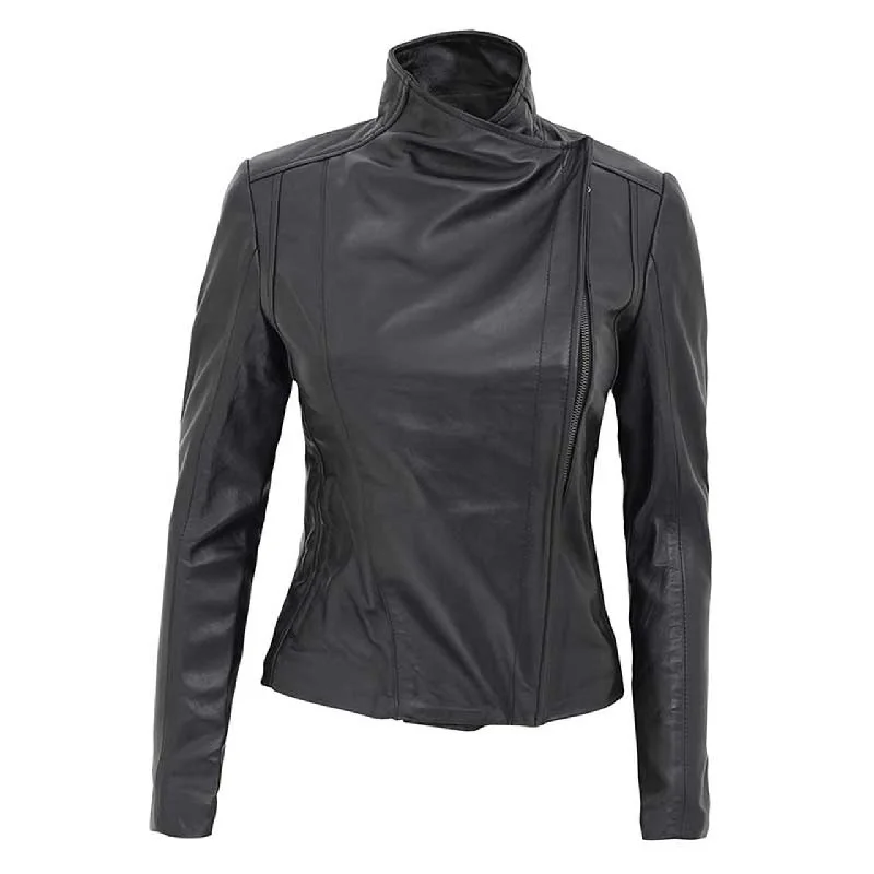 Black Slim Fit Leather Motorcycle Jacket Notch Collar Jacket Peter Pan Collar Jacket Cowl Neck Jacket